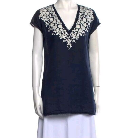 Tory Burch Tops - Tory Burch Tunic Top Size Small Linen Embroidered V Neck Navy Blue White Boho